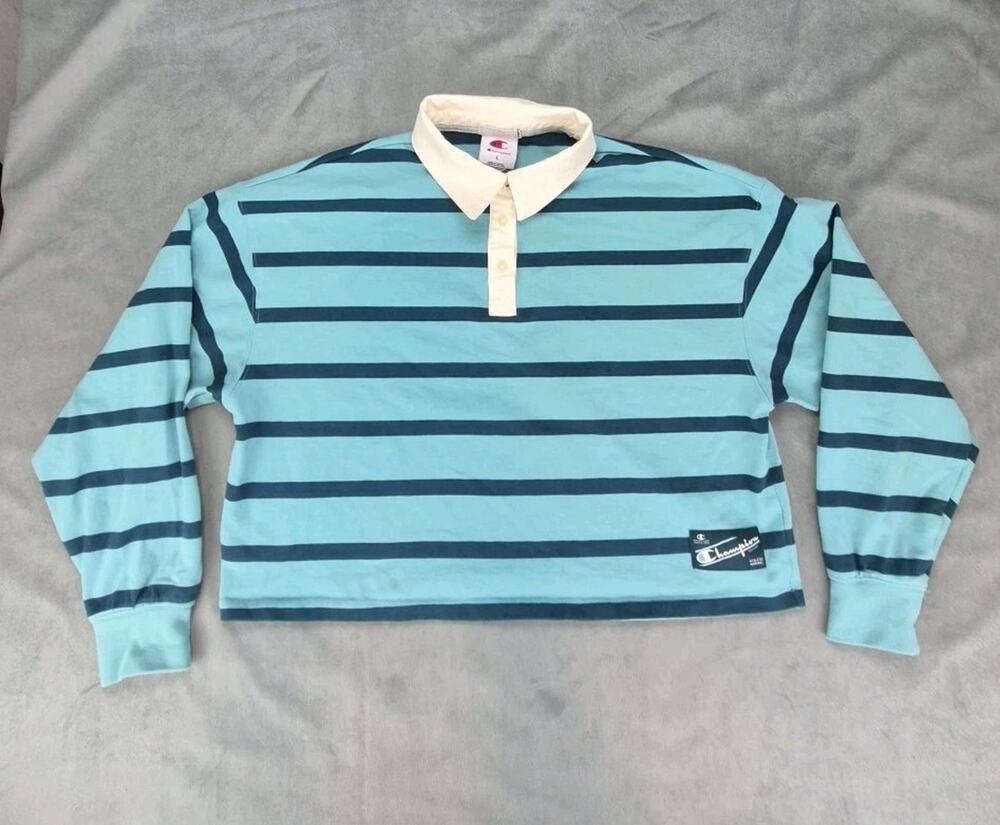 Champion Cropped Boxy Rugby Polo Teal Striped Women’s L Nautical Preppy Beachy